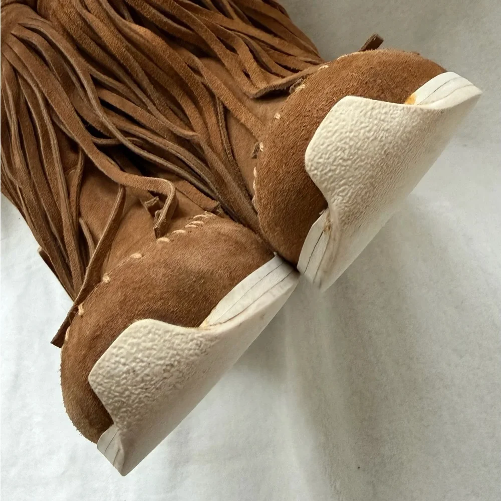 Maison Des Talons Anthropologie Tan Suede Fringe Mocassin Half Boots Size 38/8